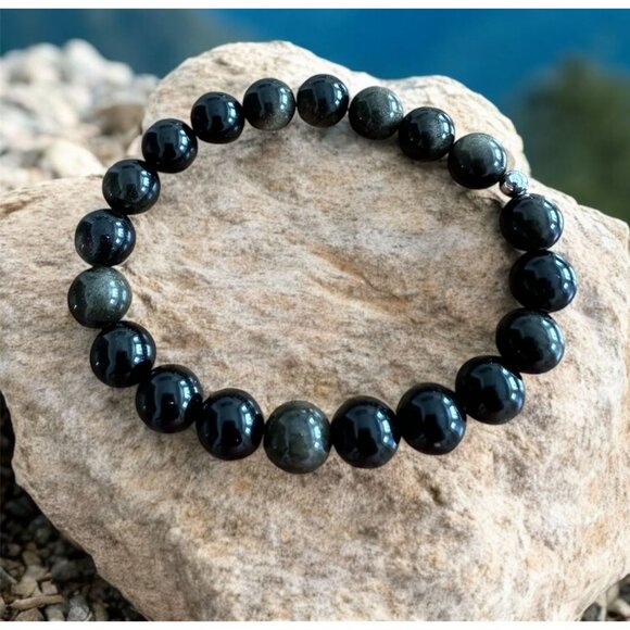 Handmade Golden Obsidian Stretchy Bead Bracelet 10mm Beads 8 Inches NaturalStone - Picture 2 of 3